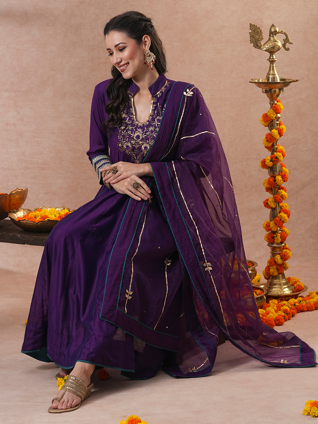 Ethnic Hand Embroidered Anarkali Kurta with Pant & Dupatta - Purple