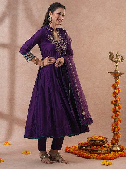 Ethnic Hand Embroidered Anarkali Kurta with Pant & Dupatta - Purple