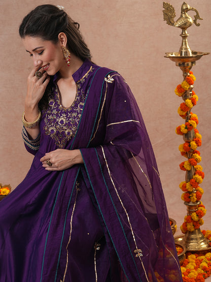 Ethnic Hand Embroidered Anarkali Kurta with Pant & Dupatta - Purple