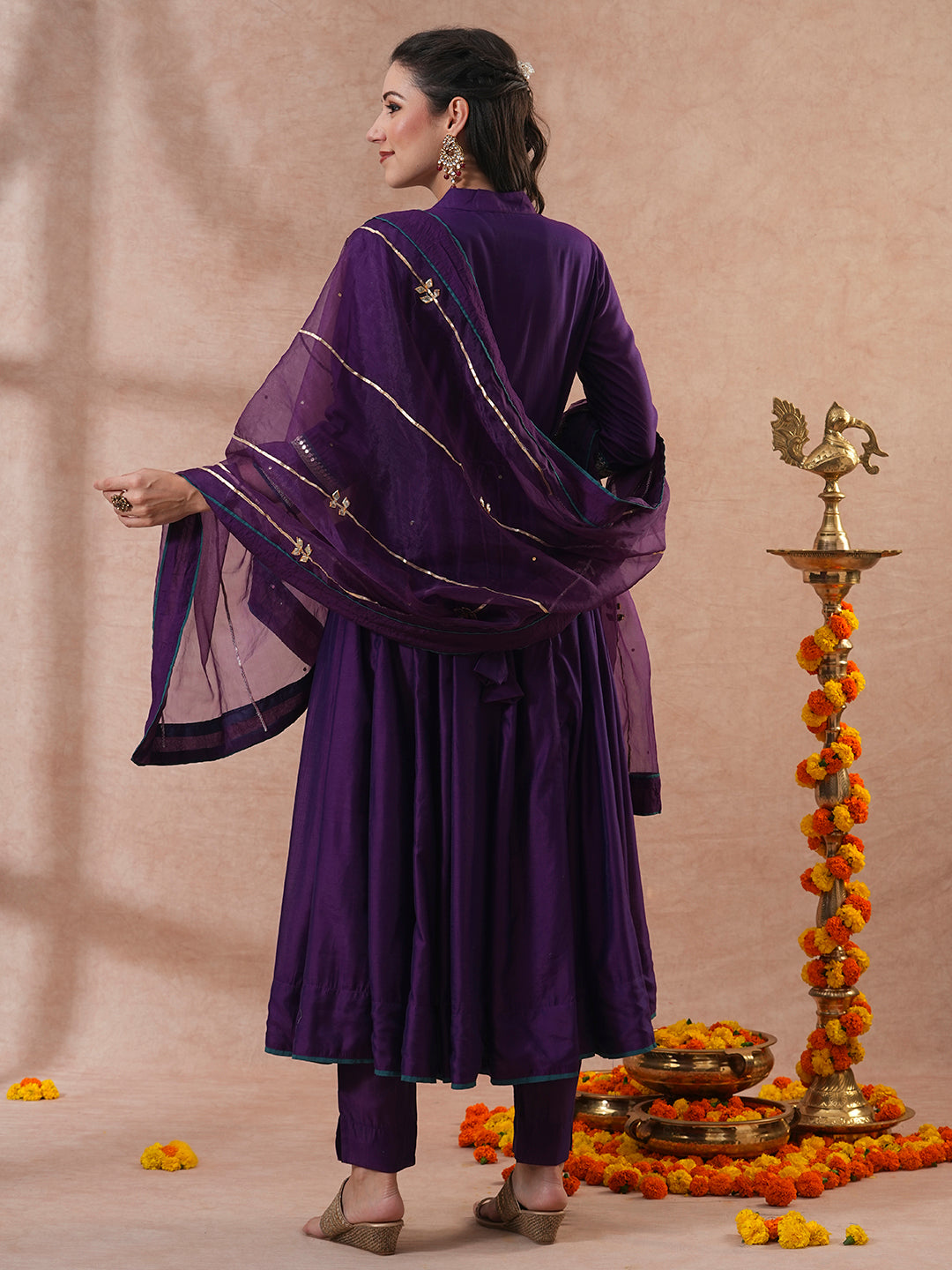 Ethnic Hand Embroidered Anarkali Kurta with Pant & Dupatta - Purple