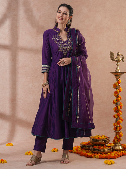 Ethnic Hand Embroidered Anarkali Kurta with Pant & Dupatta - Purple