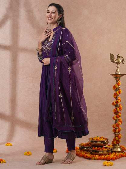 Ethnic Hand Embroidered Anarkali Kurta with Pant & Dupatta - Purple