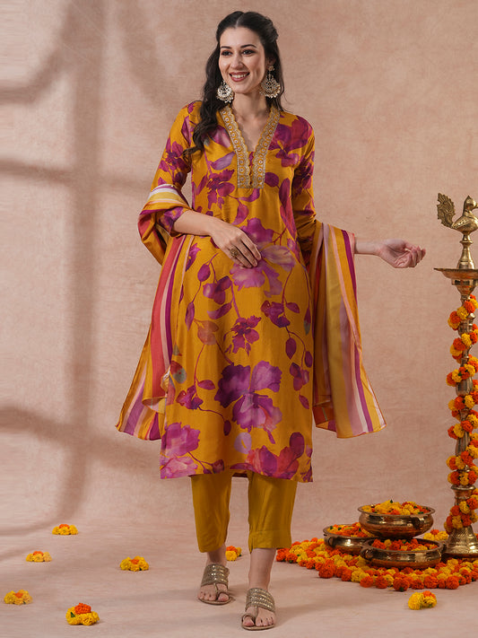 Floral Printed & Hand Embroidered Straight Kurta with Pant & Dupatta - Mustard