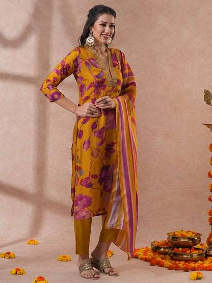 Floral Printed & Hand Embroidered Straight Kurta with Pant & Dupatta - Mustard