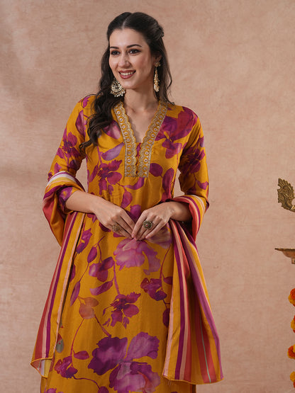 Floral Printed & Hand Embroidered Straight Kurta with Pant & Dupatta - Mustard