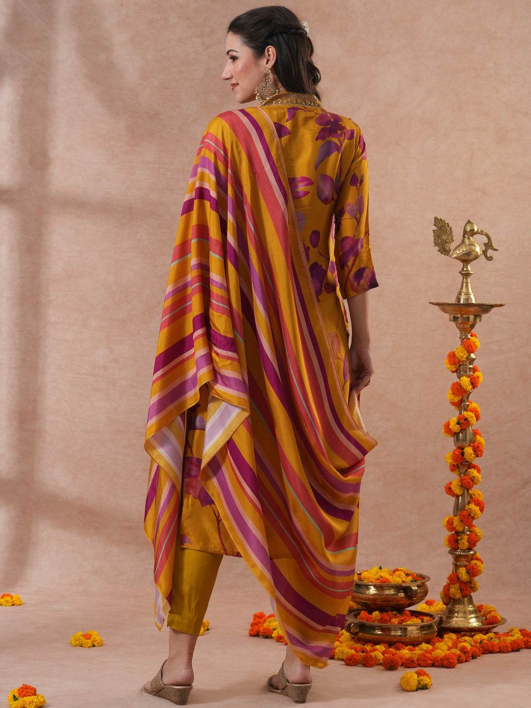 Floral Printed & Hand Embroidered Straight Kurta with Pant & Dupatta - Mustard