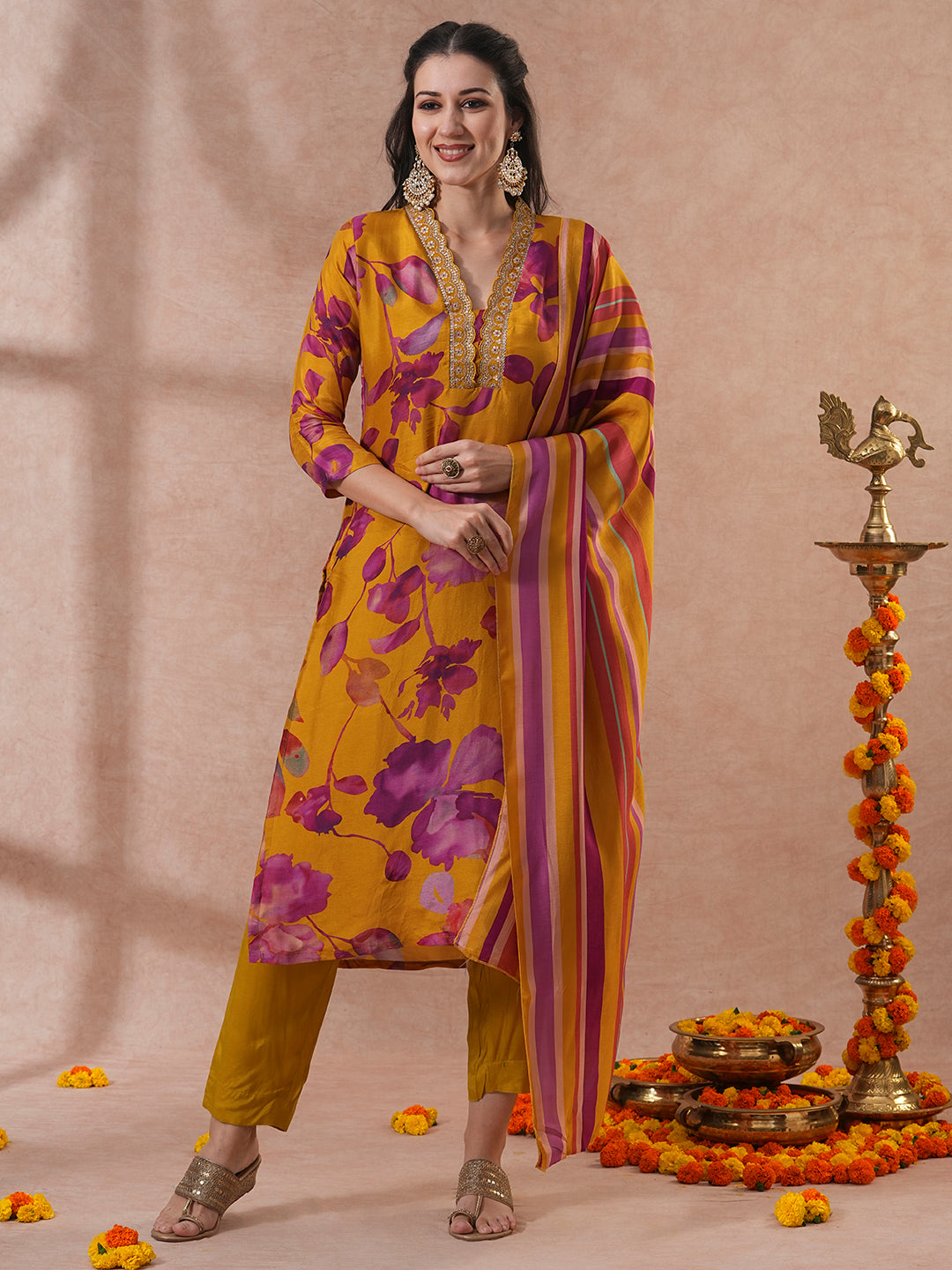 Floral Printed & Hand Embroidered Straight Kurta with Pant & Dupatta - Mustard