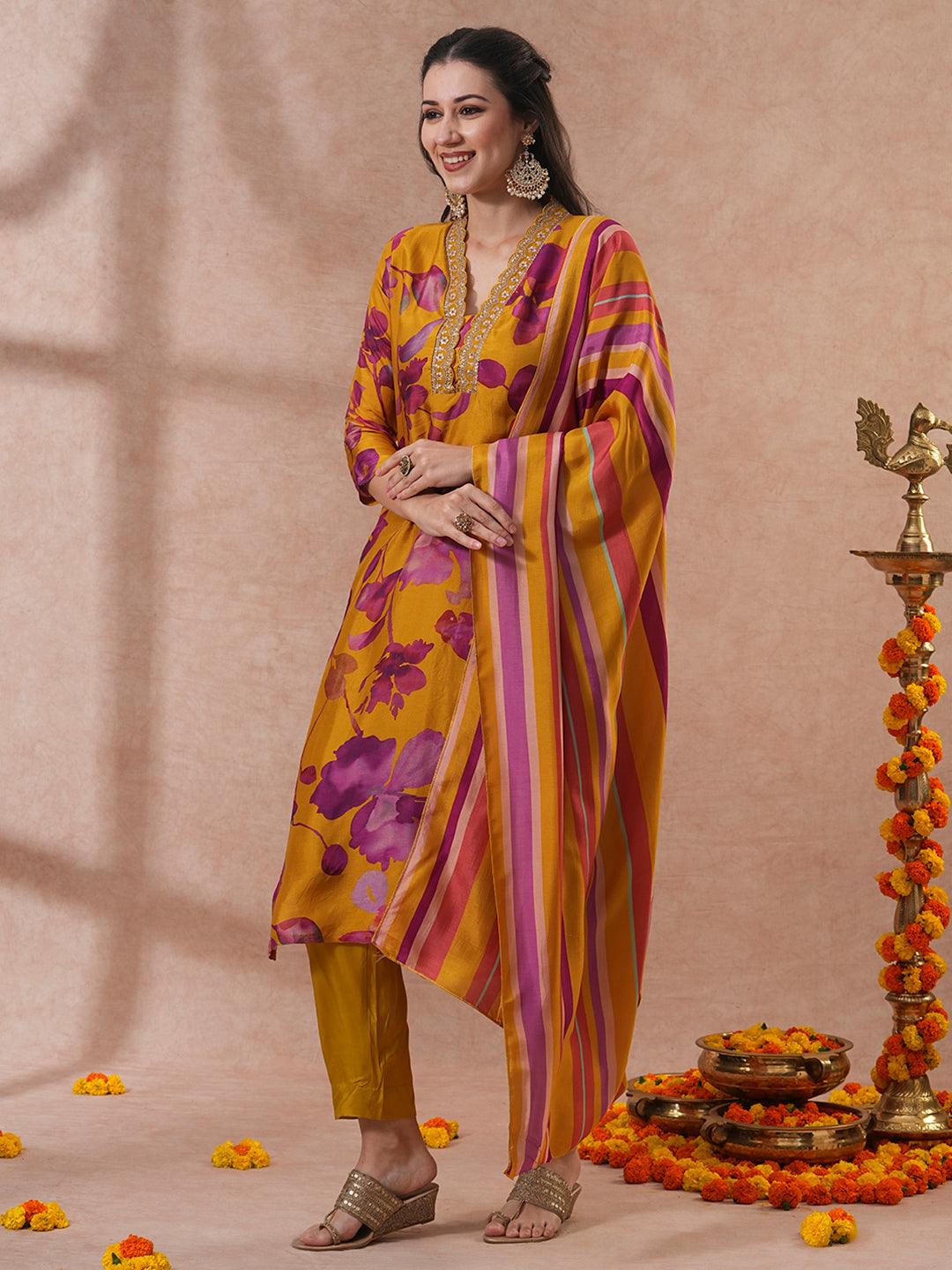 Floral Printed & Hand Embroidered Straight Kurta with Pant & Dupatta - Mustard