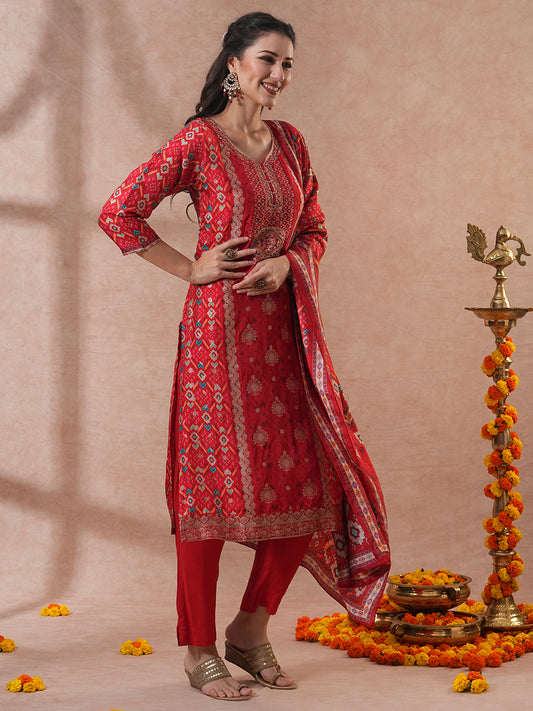 Ethnic Woven & Embroidered Straight Kurta with Pant & Dupatta - Rust