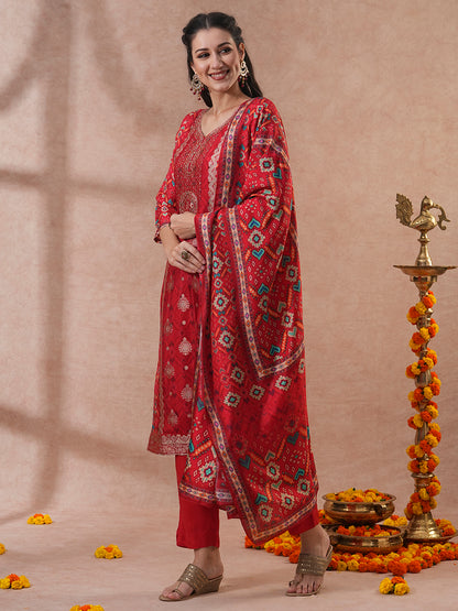 Ethnic Woven & Embroidered Straight Kurta with Pant & Dupatta - Rust