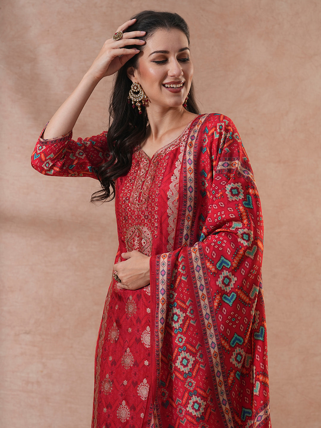 Ethnic Woven & Embroidered Straight Kurta with Pant & Dupatta - Rust