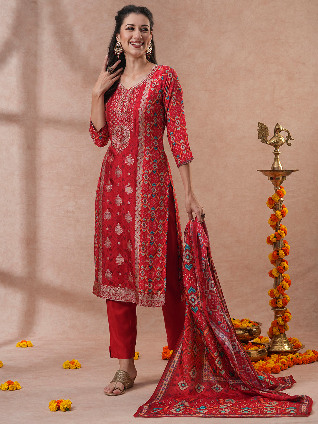 Ethnic Woven & Embroidered Straight Kurta with Pant & Dupatta - Rust