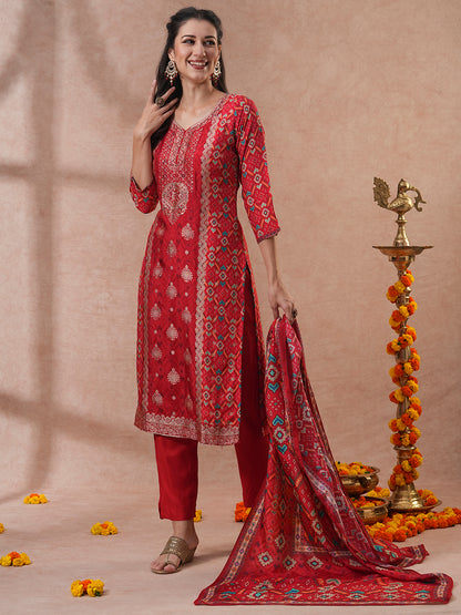 Ethnic Woven & Embroidered Straight Kurta with Pant & Dupatta - Rust