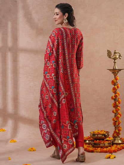 Ethnic Woven & Embroidered Straight Kurta with Pant & Dupatta - Rust