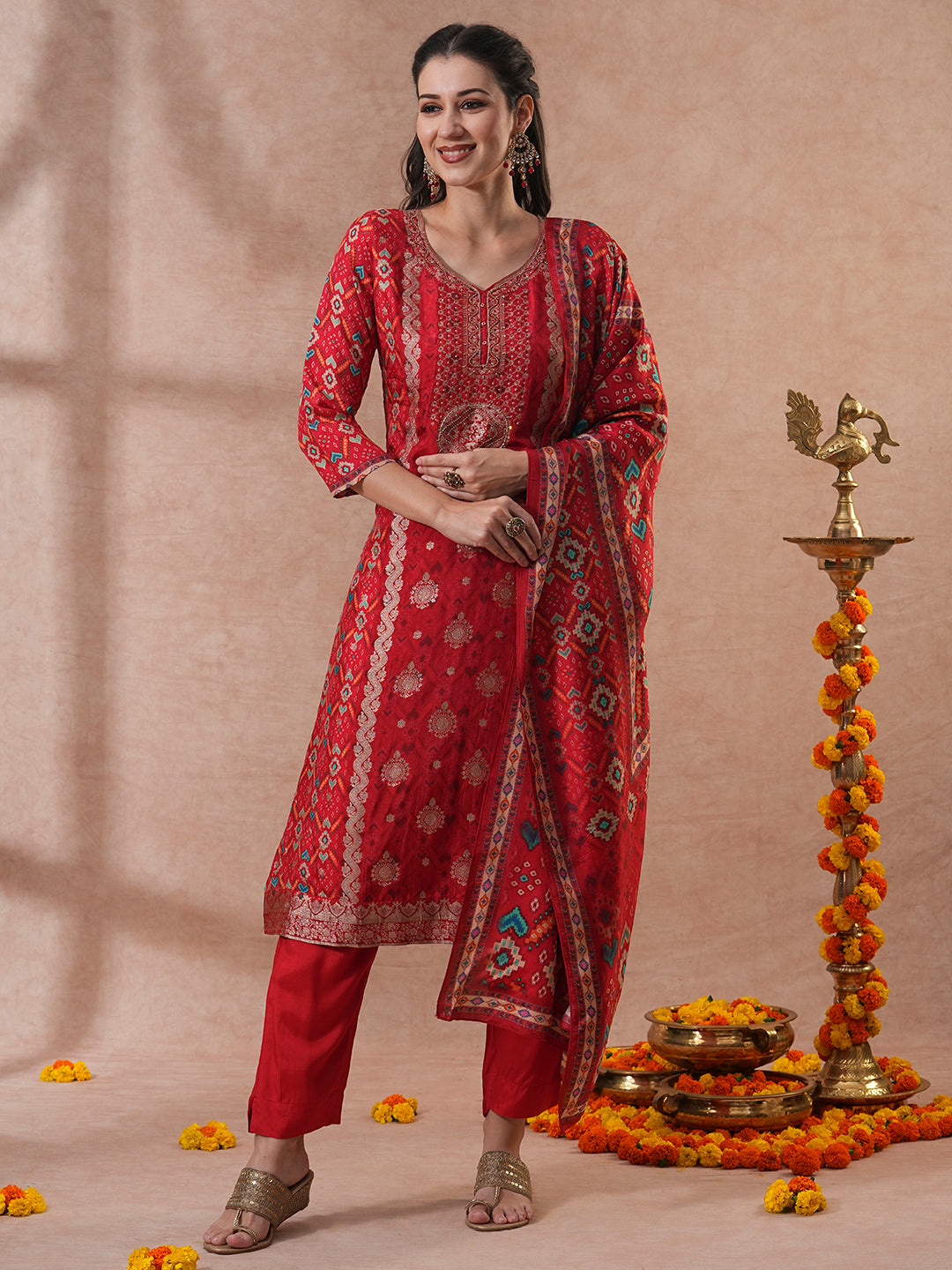 Ethnic Woven & Embroidered Straight Kurta with Pant & Dupatta - Rust