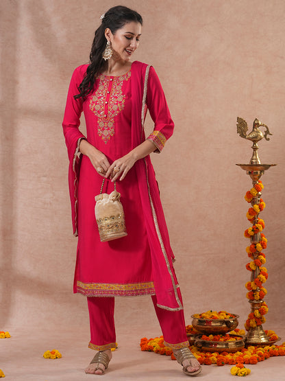 Solid Ethnic Embroidered Straight & Kurta with Pant & Dupatta - Pink