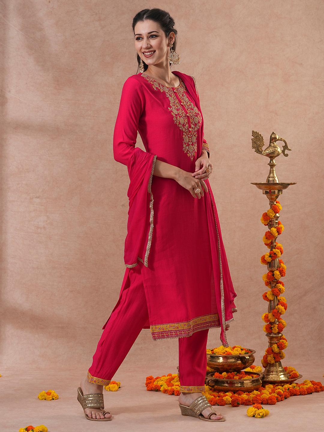 Solid Ethnic Embroidered Straight & Kurta with Pant & Dupatta - Pink