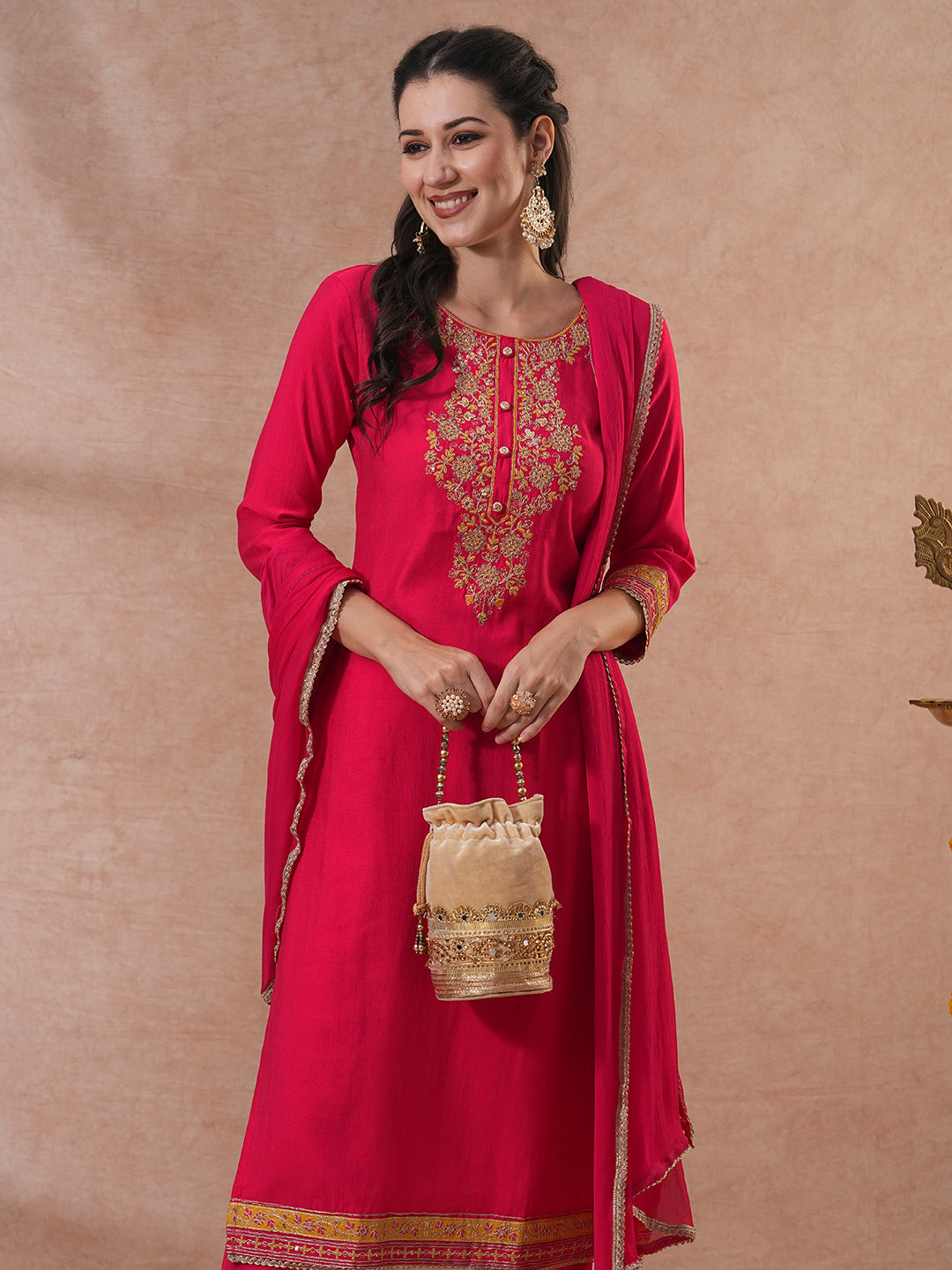 Solid Ethnic Embroidered Straight & Kurta with Pant & Dupatta - Pink