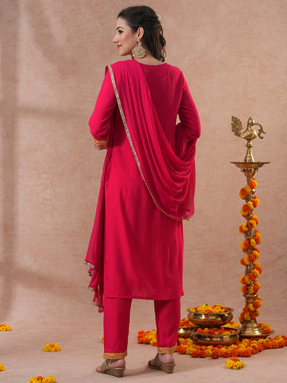 Solid Ethnic Embroidered Straight & Kurta with Pant & Dupatta - Pink