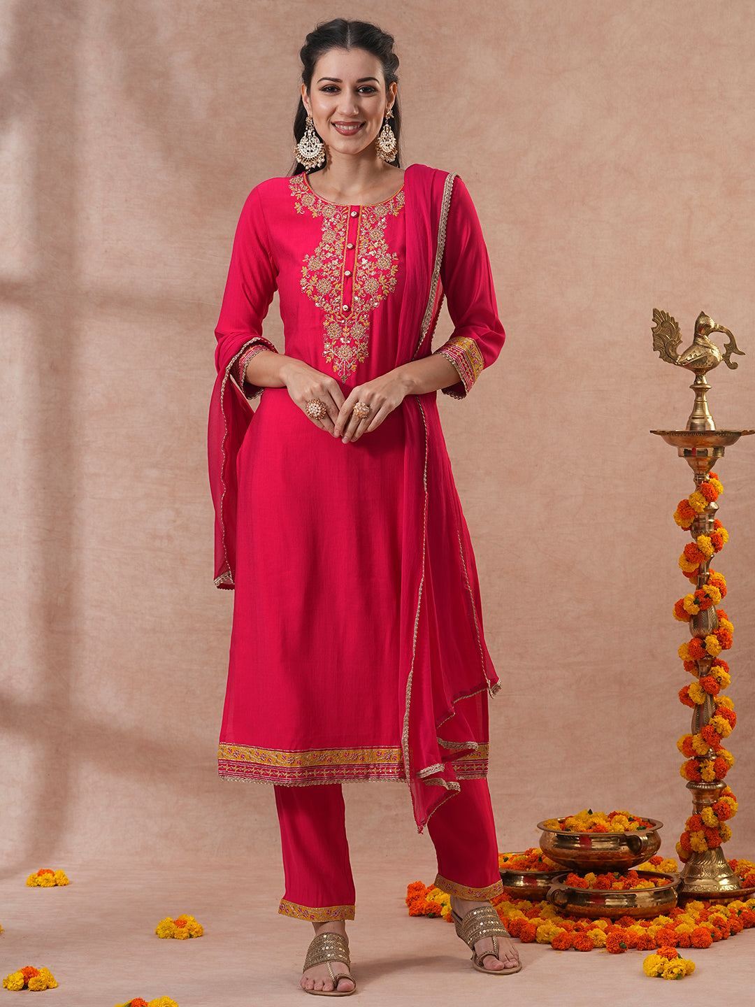 Solid Ethnic Embroidered Straight & Kurta with Pant & Dupatta - Pink