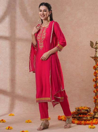 Solid Ethnic Embroidered Straight & Kurta with Pant & Dupatta - Pink