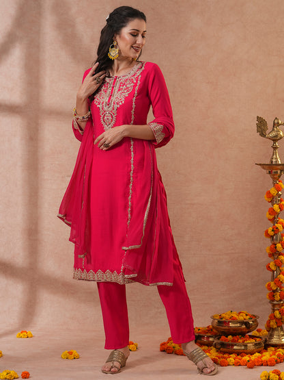 Solid Ethnic Embroidered Straight & Kurta with Pant & Dupatta - Pink