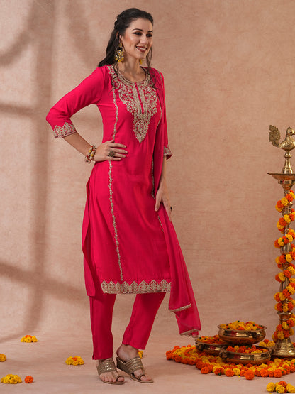 Solid Ethnic Embroidered Straight & Kurta with Pant & Dupatta - Pink