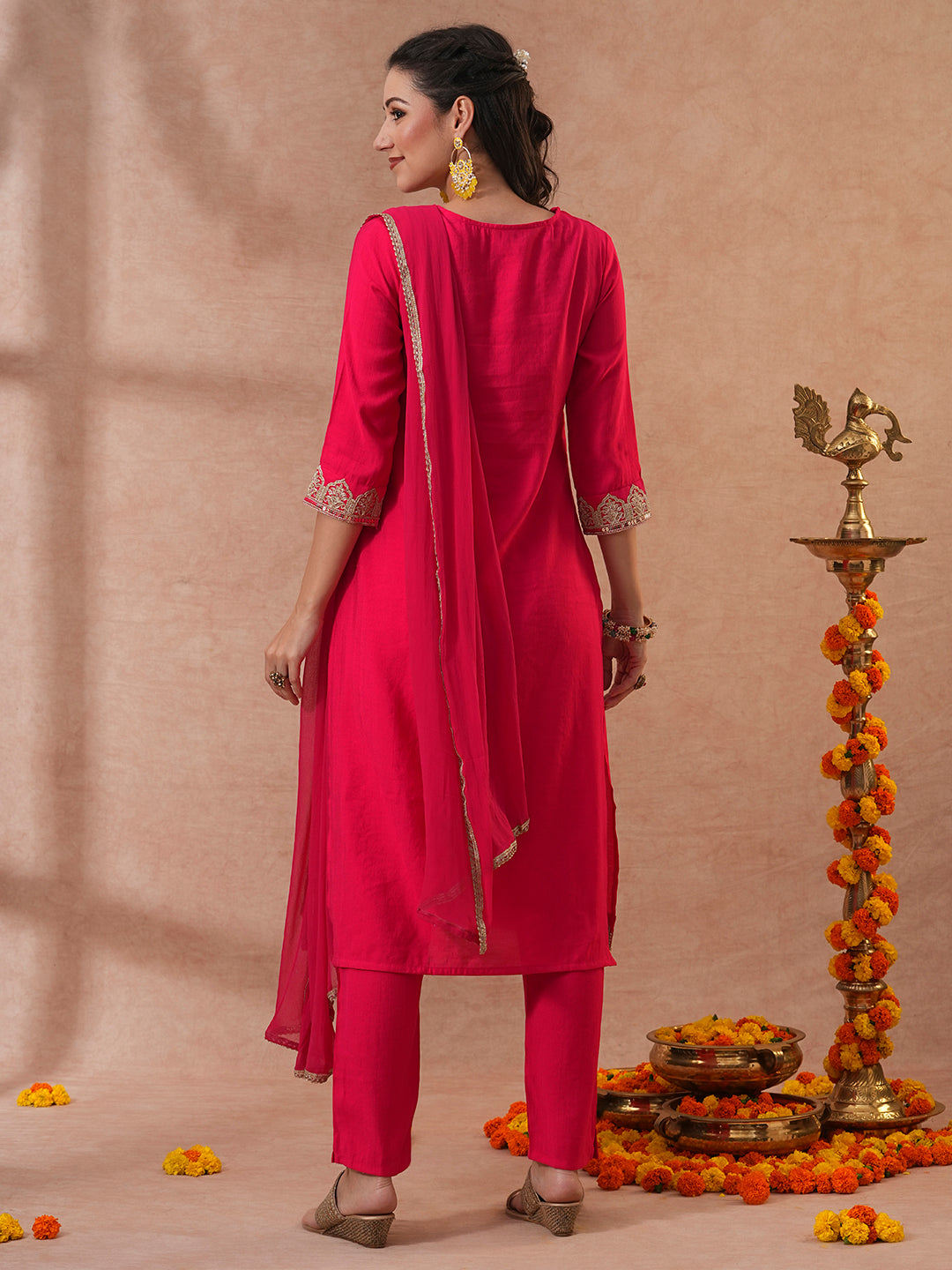 Solid Ethnic Embroidered Straight & Kurta with Pant & Dupatta - Pink