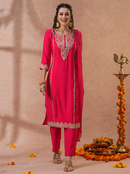 Solid Ethnic Embroidered Straight & Kurta with Pant & Dupatta - Pink