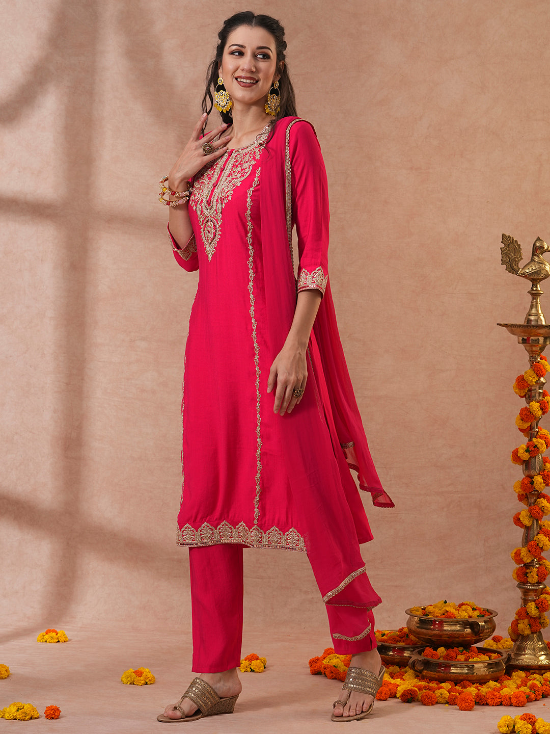 Solid Ethnic Embroidered Straight & Kurta with Pant & Dupatta - Pink