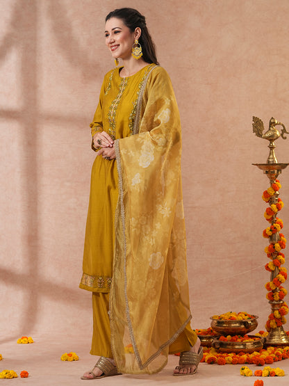 Ethnic Embroidered Straight Fit Kurta with Pant & Dupatta - Mustard