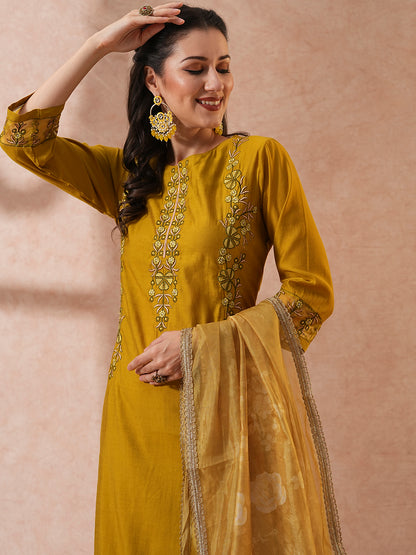 Ethnic Embroidered Straight Fit Kurta with Pant & Dupatta - Mustard