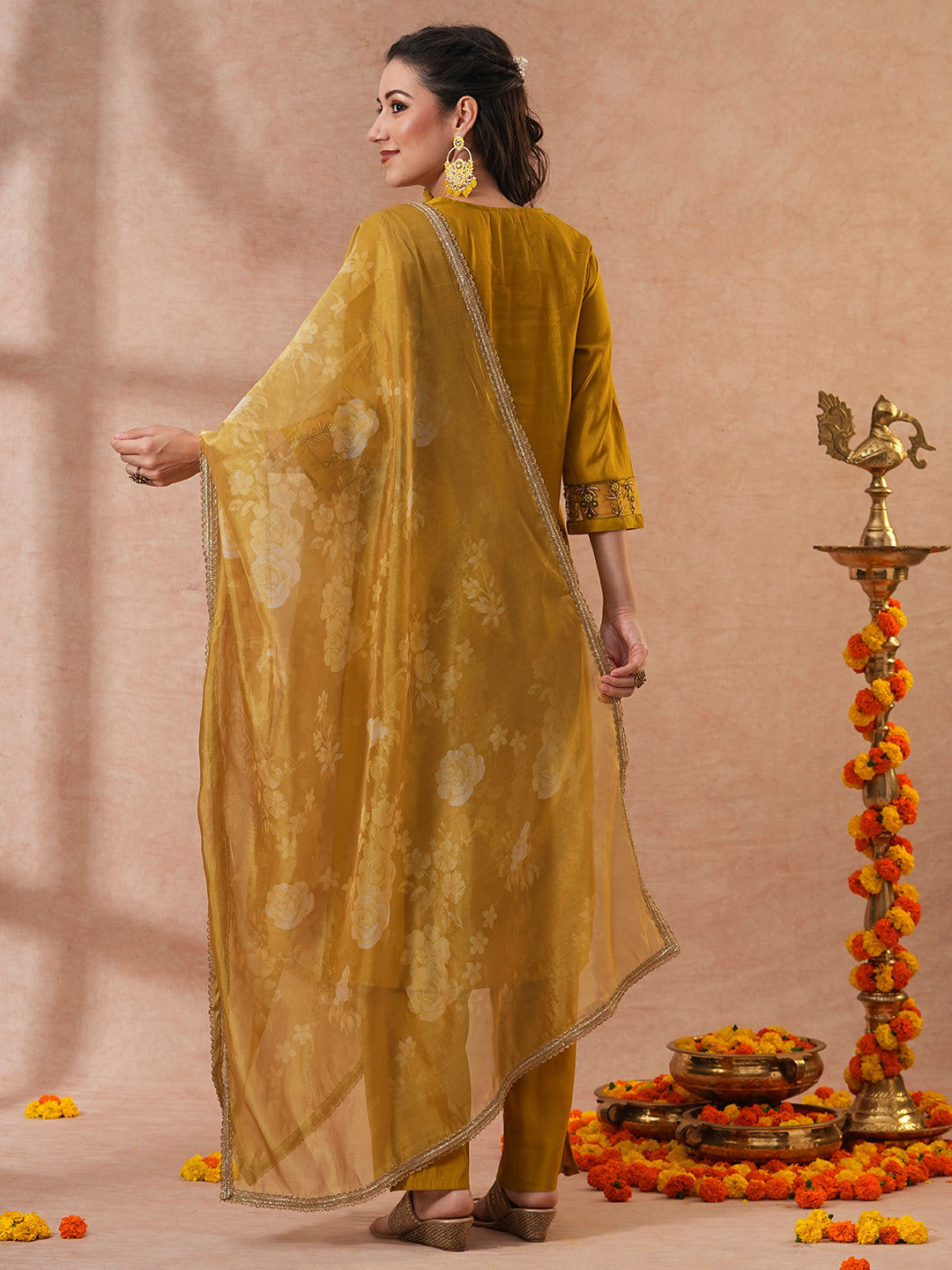 Ethnic Embroidered Straight Fit Kurta with Pant & Dupatta - Mustard