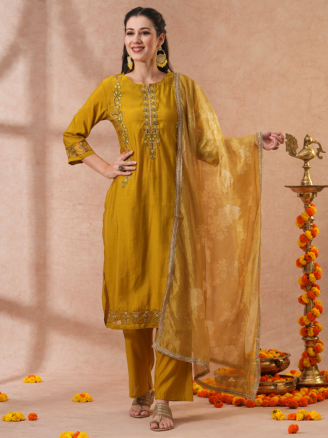 Ethnic Embroidered Straight Fit Kurta with Pant & Dupatta - Mustard