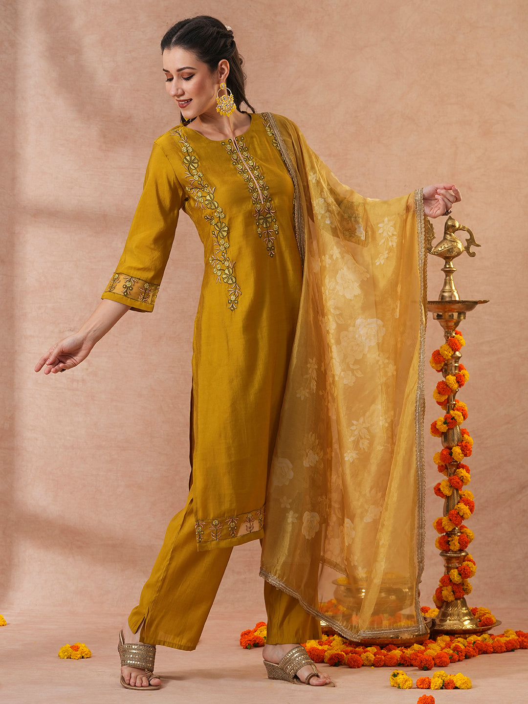 Ethnic Embroidered Straight Fit Kurta with Pant & Dupatta - Mustard