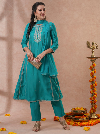 Solid Ethnic Embroidered A-Line Paneled Kurta with Pant & Dupatta - Green