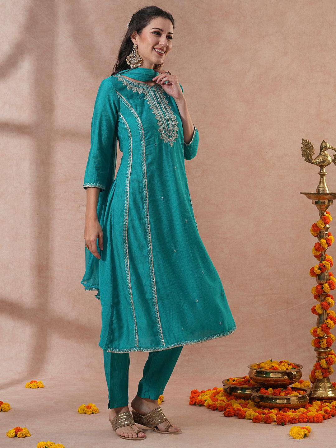 Solid Ethnic Embroidered A-Line Paneled Kurta with Pant & Dupatta - Green