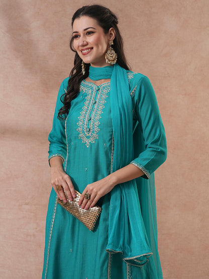 Solid Ethnic Embroidered A-Line Paneled Kurta with Pant & Dupatta - Green