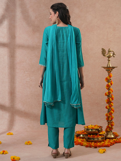 Solid Ethnic Embroidered A-Line Paneled Kurta with Pant & Dupatta - Green