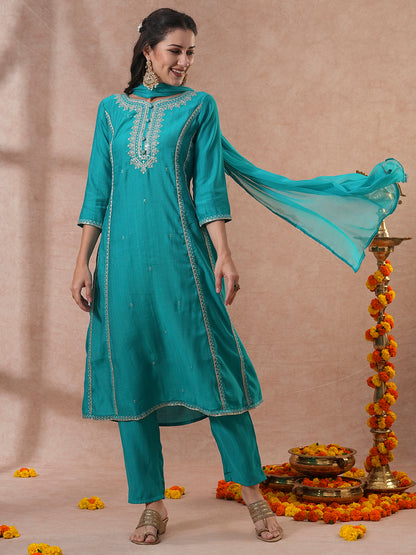 Solid Ethnic Embroidered A-Line Paneled Kurta with Pant & Dupatta - Green