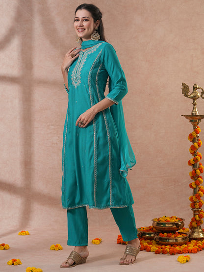 Solid Ethnic Embroidered A-Line Paneled Kurta with Pant & Dupatta - Green