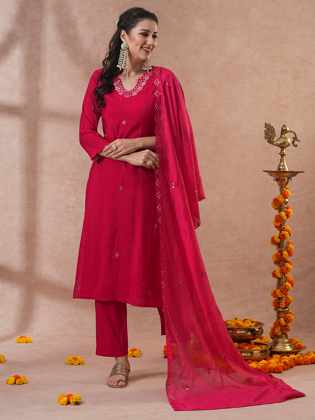 Solid Ethnic Embroidered Straight & Kurta with Pant & Dupatta - Red