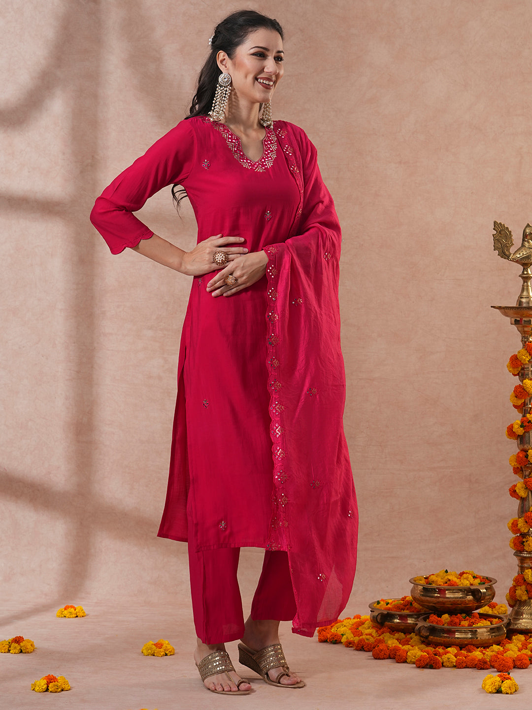 Solid Ethnic Embroidered Straight & Kurta with Pant & Dupatta - Red