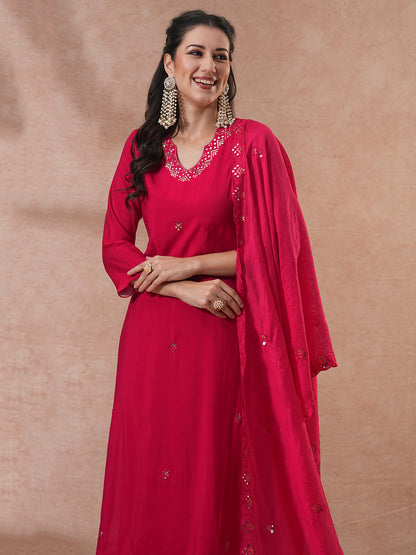 Solid Ethnic Embroidered Straight & Kurta with Pant & Dupatta - Red