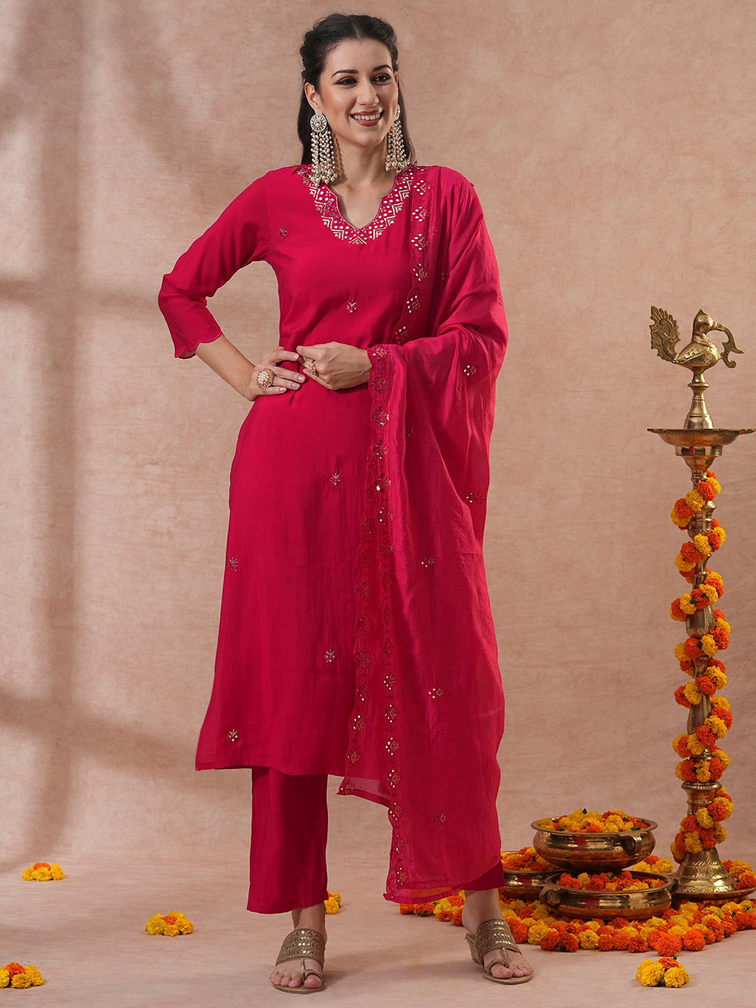 Solid Ethnic Embroidered Straight & Kurta with Pant & Dupatta - Red