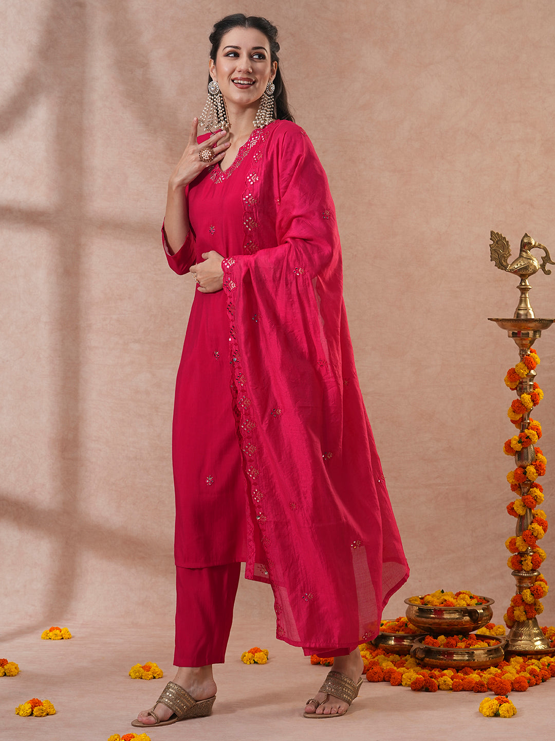 Solid Ethnic Embroidered Straight & Kurta with Pant & Dupatta - Red