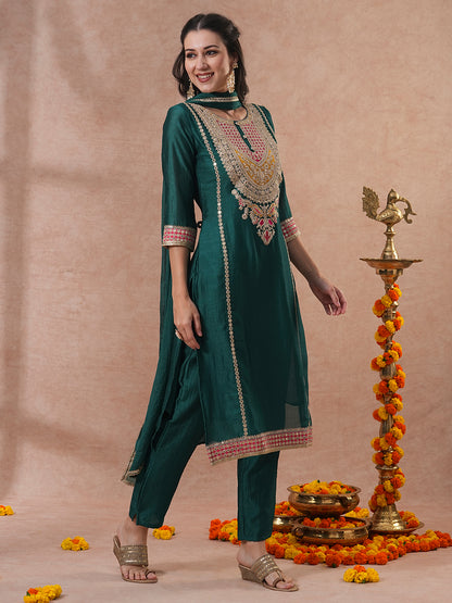 Solid Ethnic Embroidered Straight Kurta with Pant & Dupatta - Green