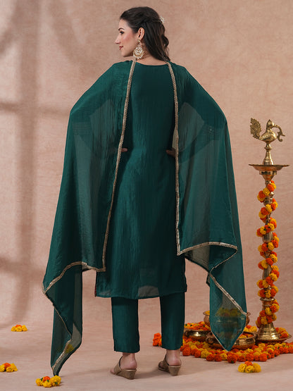 Solid Ethnic Embroidered Straight Kurta with Pant & Dupatta - Green