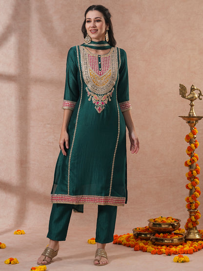 Solid Ethnic Embroidered Straight Kurta with Pant & Dupatta - Green