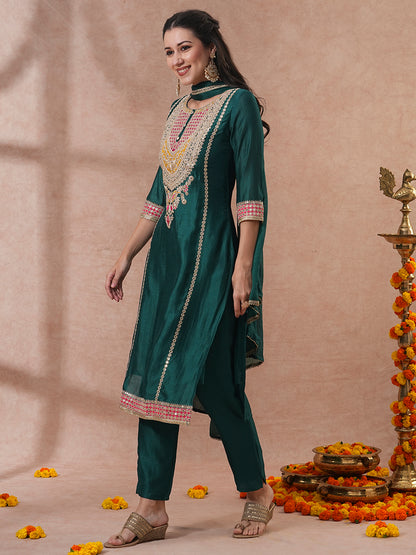 Solid Ethnic Embroidered Straight Kurta with Pant & Dupatta - Green